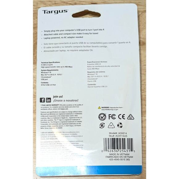 Targus USB 2.0 4-Port USB Hub High Speed Plug-and-Play Windows Mac Chromebook PC - Picture 5 of 8